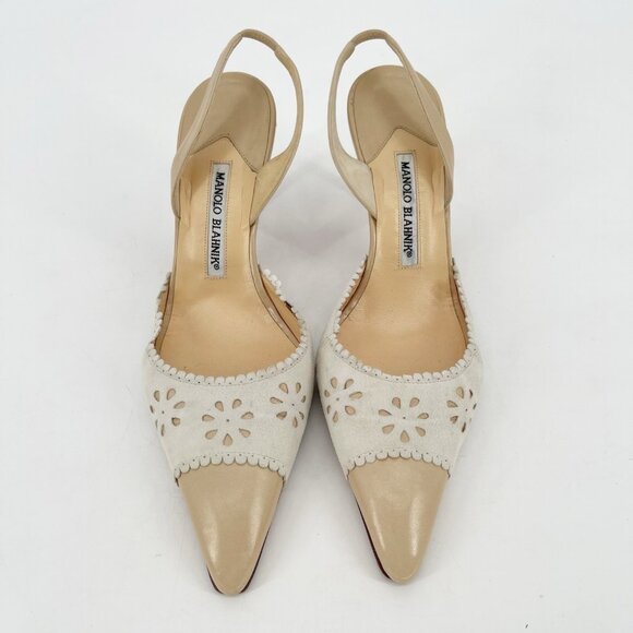 Manolo Blahnik Retro Floral Eyelet Beige Pointed Cap Toe Slingback Heel - Picture 8 of 10